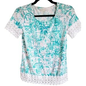 Lilly Pulitzer XS Hayes Top Lace Trim Bright Agate‎ Green Camelflage NEW